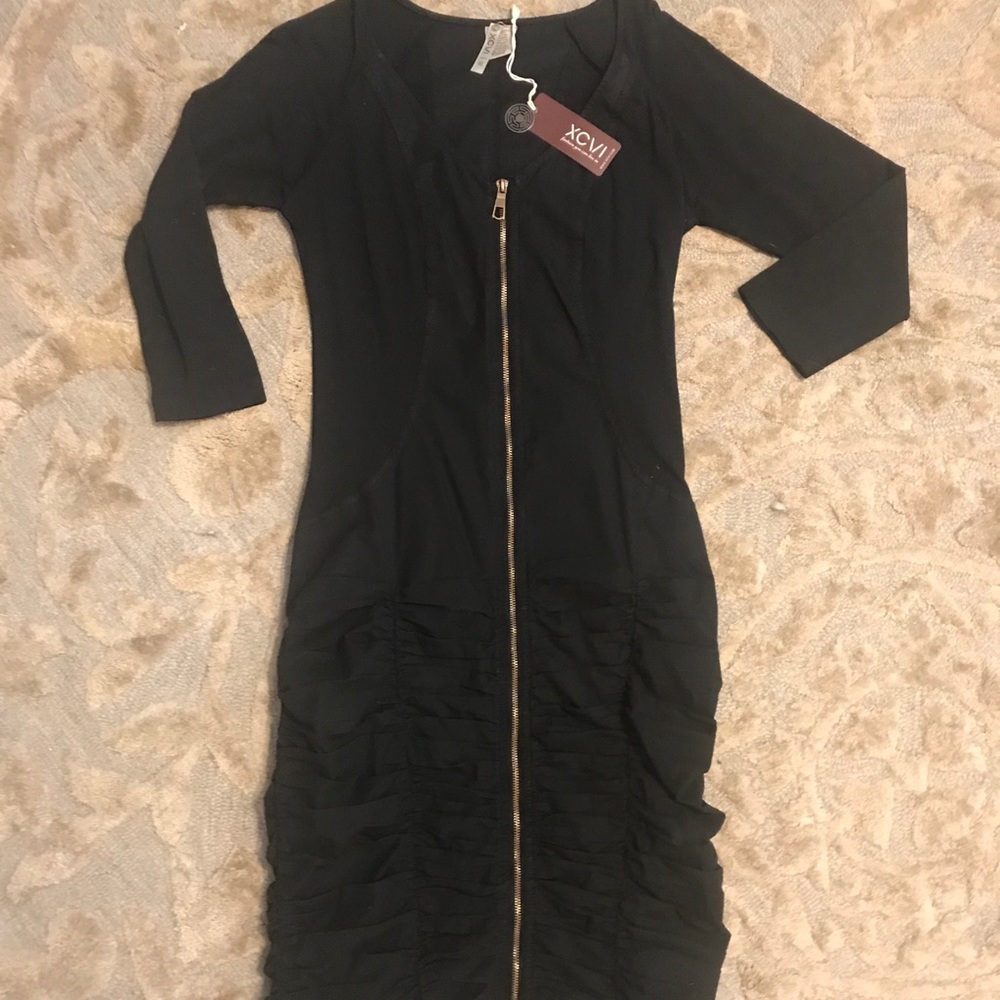 XCVI Long Sleeve Ruched Black Zip Front Dress XS